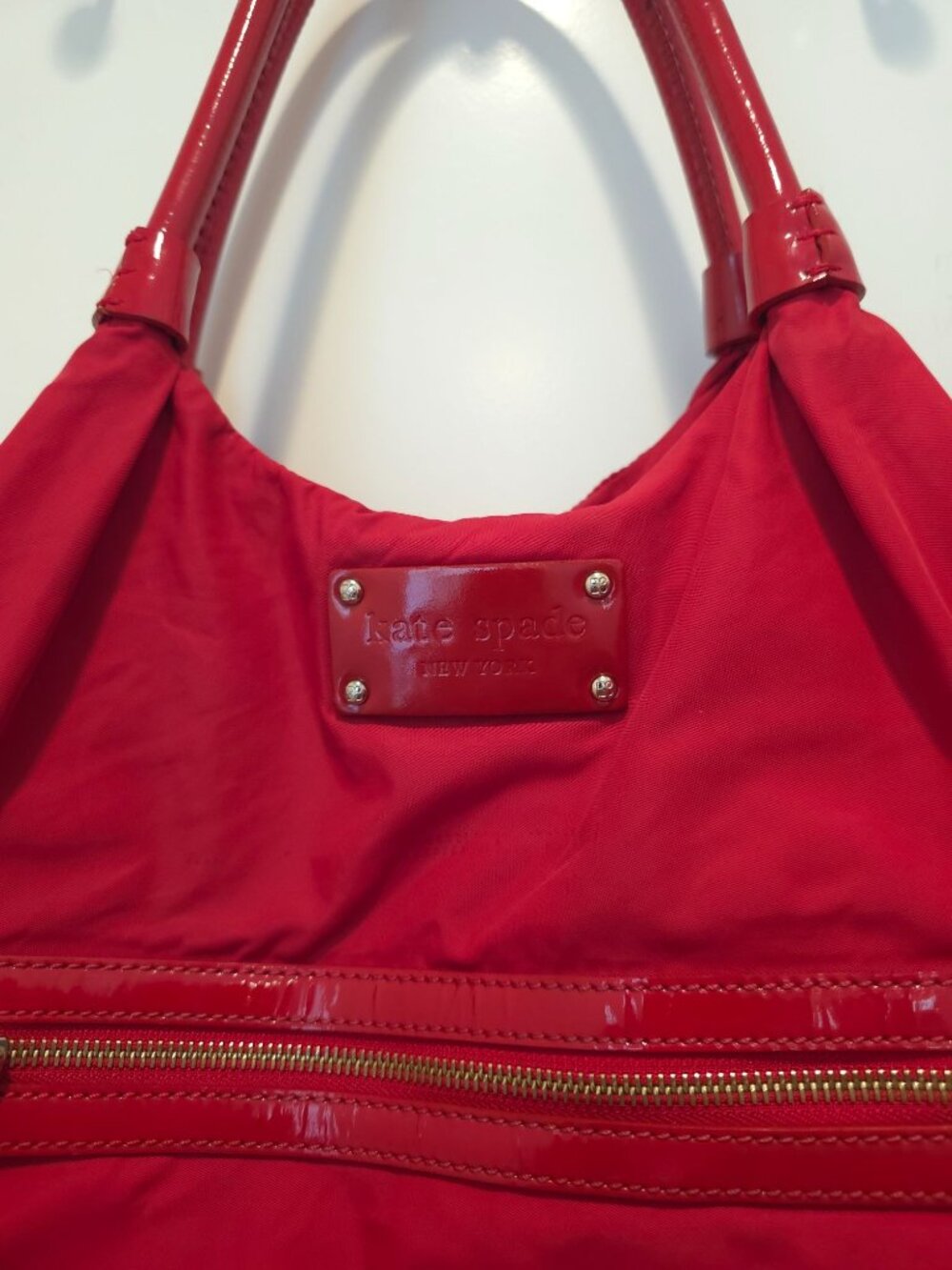 Kate Spade NYC STEVIE Red Nylon Tote Diaper Bag w/ Patent Leather Trim - Picture 3 of 12